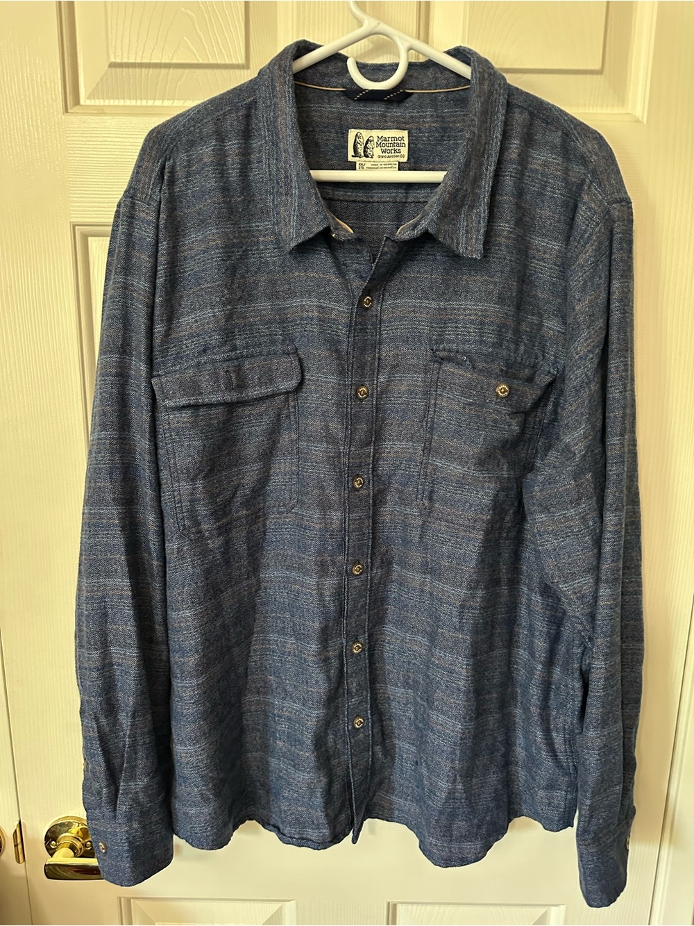 Marmot Mountain Works Men's Button-Up 2XL Blue Herringbone Cotton Woven Flannel